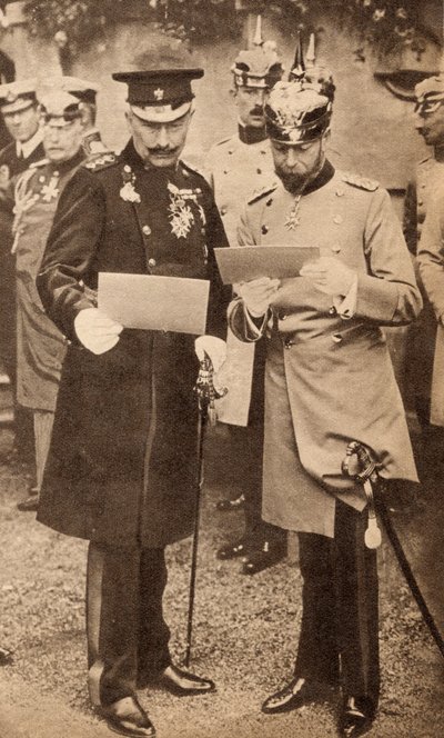 König George V. und Kaiser Wilhelm II. besprechen Einsatzbefehle in Deutschland im Jahr 1913, Illustration aus 
